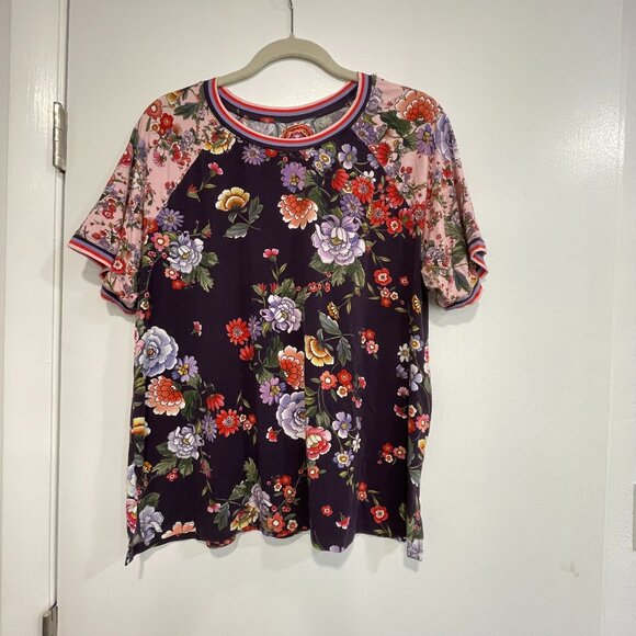 Johnny Was Los Angeles Size L • Purple Floral Contrast Sleeve Tunic Top - Picture 1 of 6